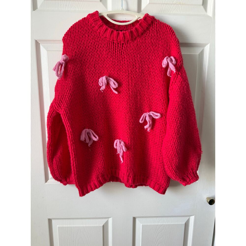 Lumiere Red Chunky Knit Sweater Pink Bow Oversized Womens S Coquette Whimsical